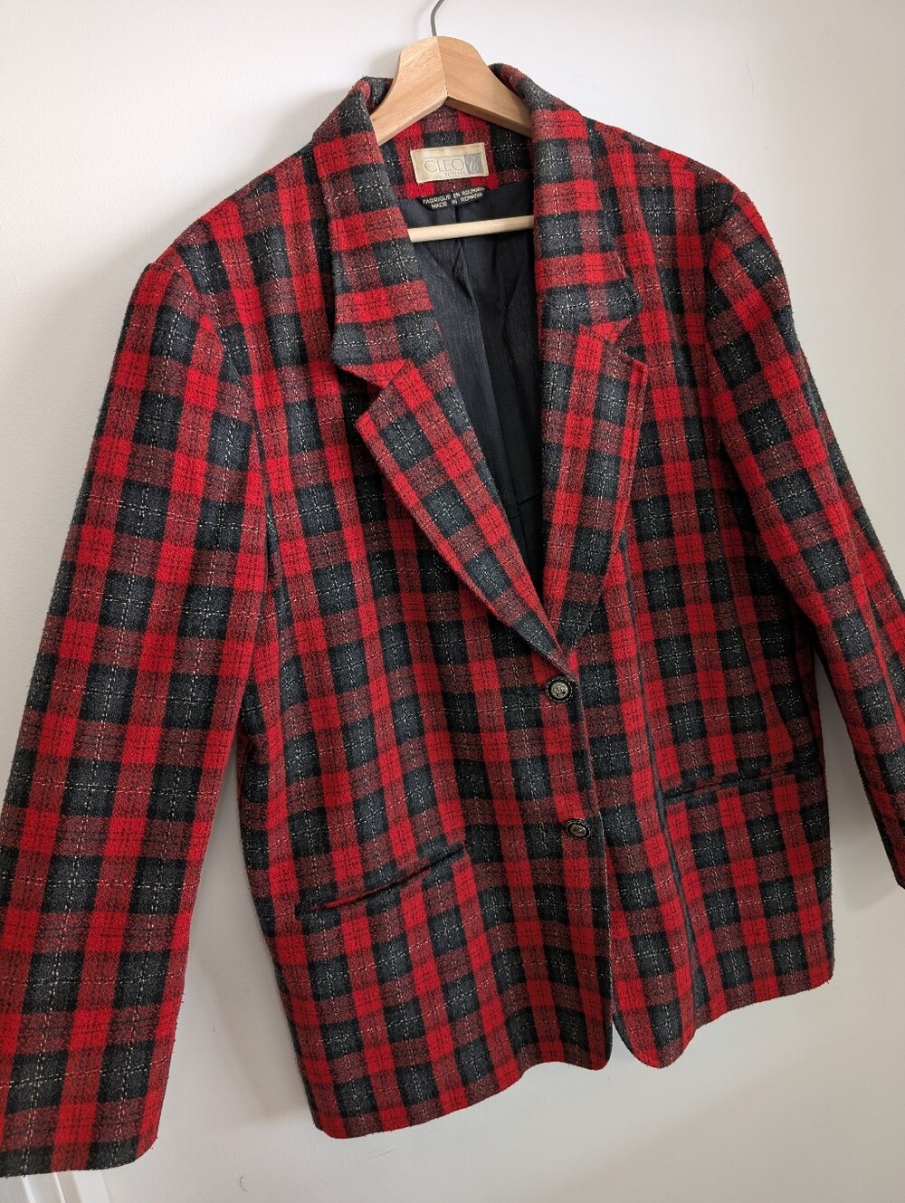 Vintage 90s Cleo Petites Large Red Plaid Jacket Wool Mix Oversized Boxy Blazer